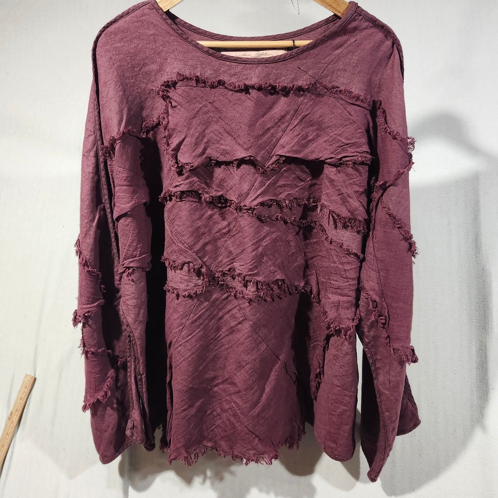 Cynthia Ashby Womens Medium Plum Purple Linen Raw Edge Lagenlook Top Oversized